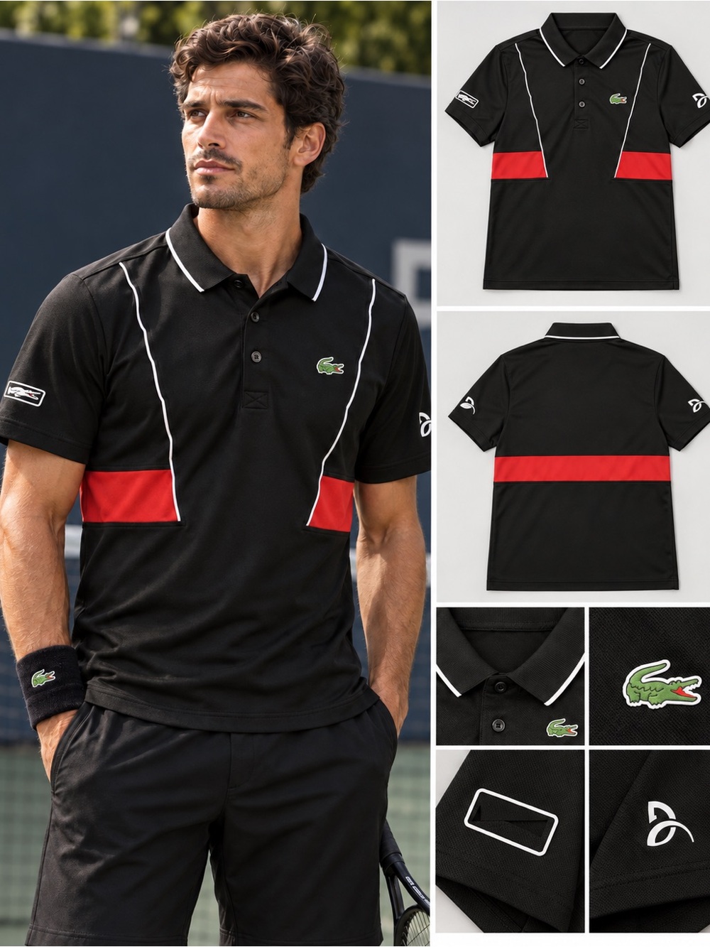 Lacoste Sport Novak Djokovic Polo Men's Medium Black Red Tennis Ultra Dry